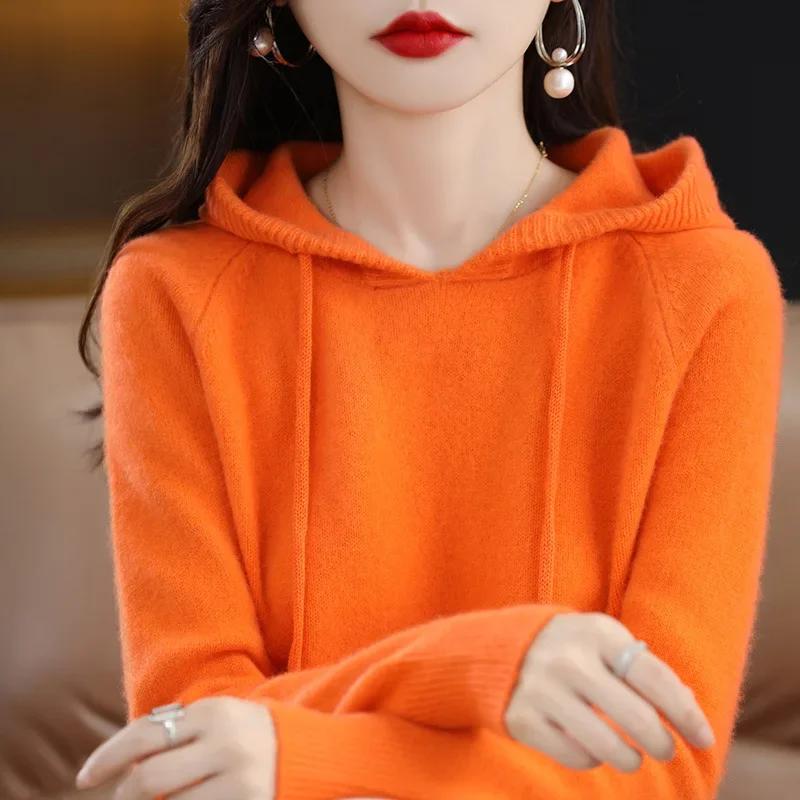 Pull à capuche pour femme, pull coréen ample, solide, manches longues, décontracté, automne hiver, épais, chaud, tricoté