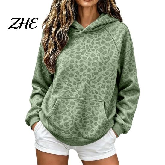 Relaxed Fit Hoodie Women Leopard Print Hoodie, Oversized Drop Shoulder Hooded Sweatshirt with Pocket, Comfortable Long Sleeve Loose Casual Pullover