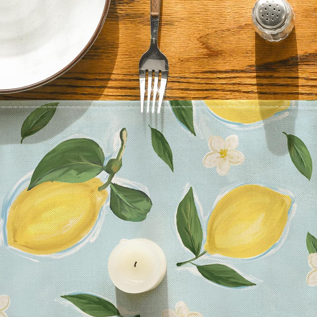 Artoid Mode Blue Lemon Flower Floral Summer Table Runner,Spring Kitchen Dining Table Decoration for Home Party Decor 13x72 Inch