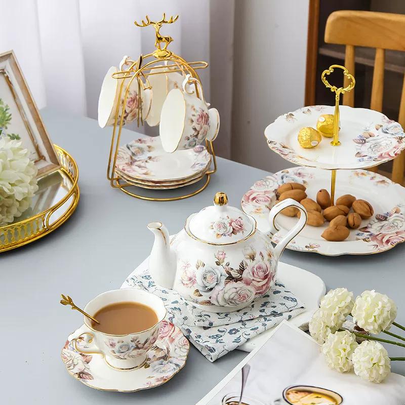 Vintage Floral Bone China Coffee Tea Set, Retro Rose Ceramic Teapot Cup Saucer, Elegant British Style Tableware for Afternoon Tea