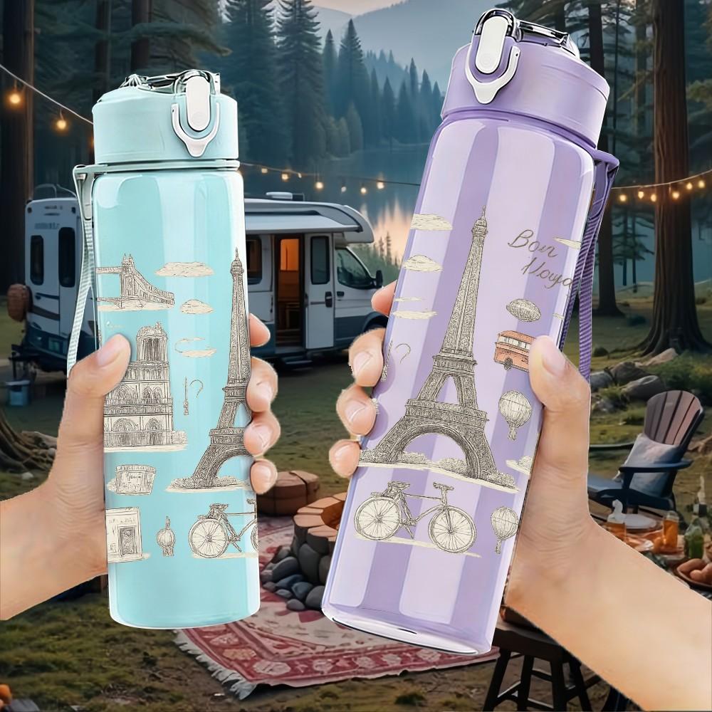 1PC Paris European Building Sticker Collage 750ml Color Plastic Sports Water Bottle Leakproof Flip Straw Lid Suitable for Sports Office Home Use