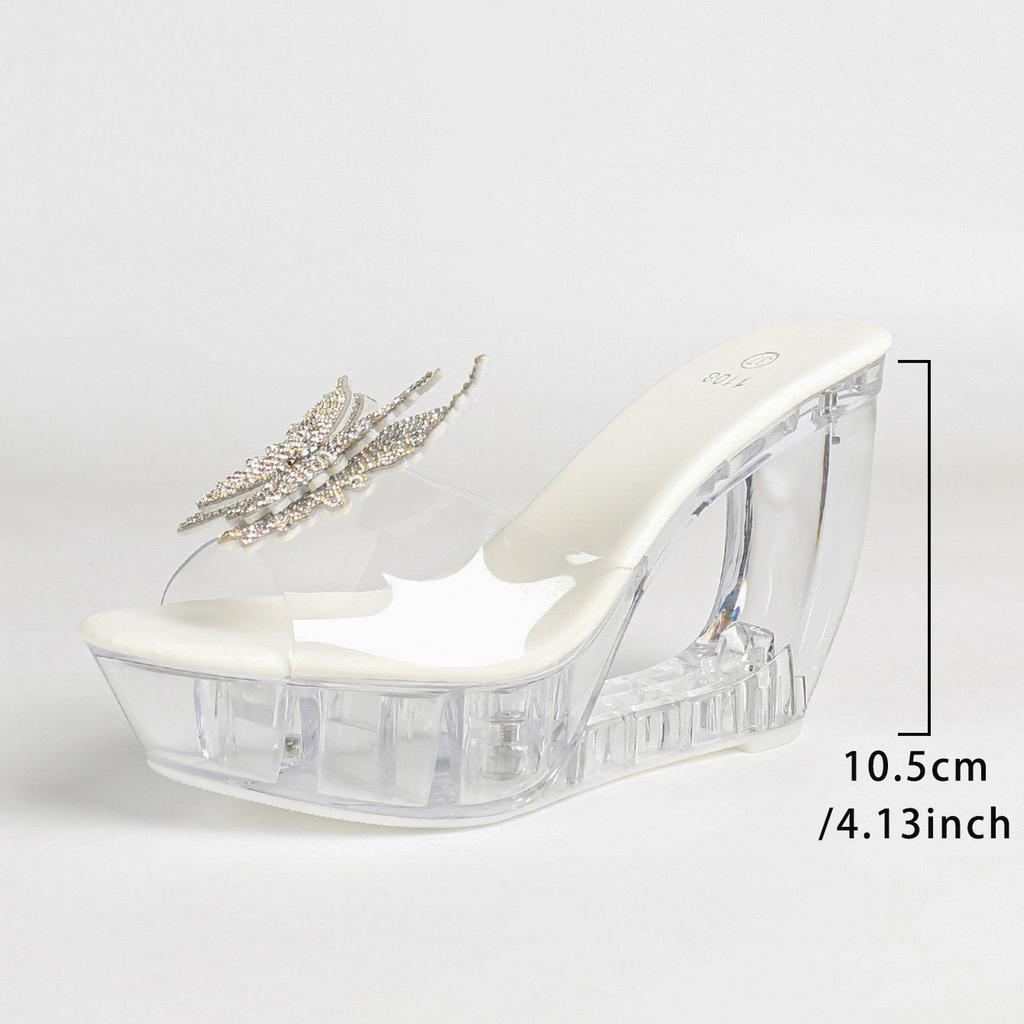 Women's Clear Transparent Platform Slippers, Thick Curved Block Heels, Sparkly Rhinestone Summer Sexy Slip On Sandals