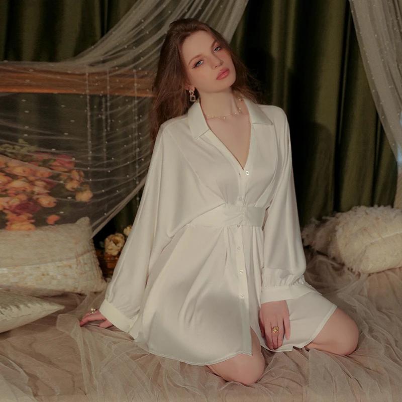 Sexy Pajamas Women's Nightgown French Satin Smooth Waist Tie Summer Shirt Dress Women's Sexy Nightgown