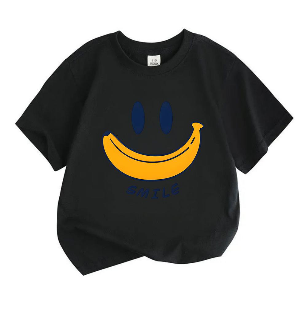 Kids Boys Girls 100% Cotton Crew Neck Short Sleeve T-Shirt, Cute Banana Smile Face Print Casual Soft Tees for Toddler Children Daily Playwear Summer B