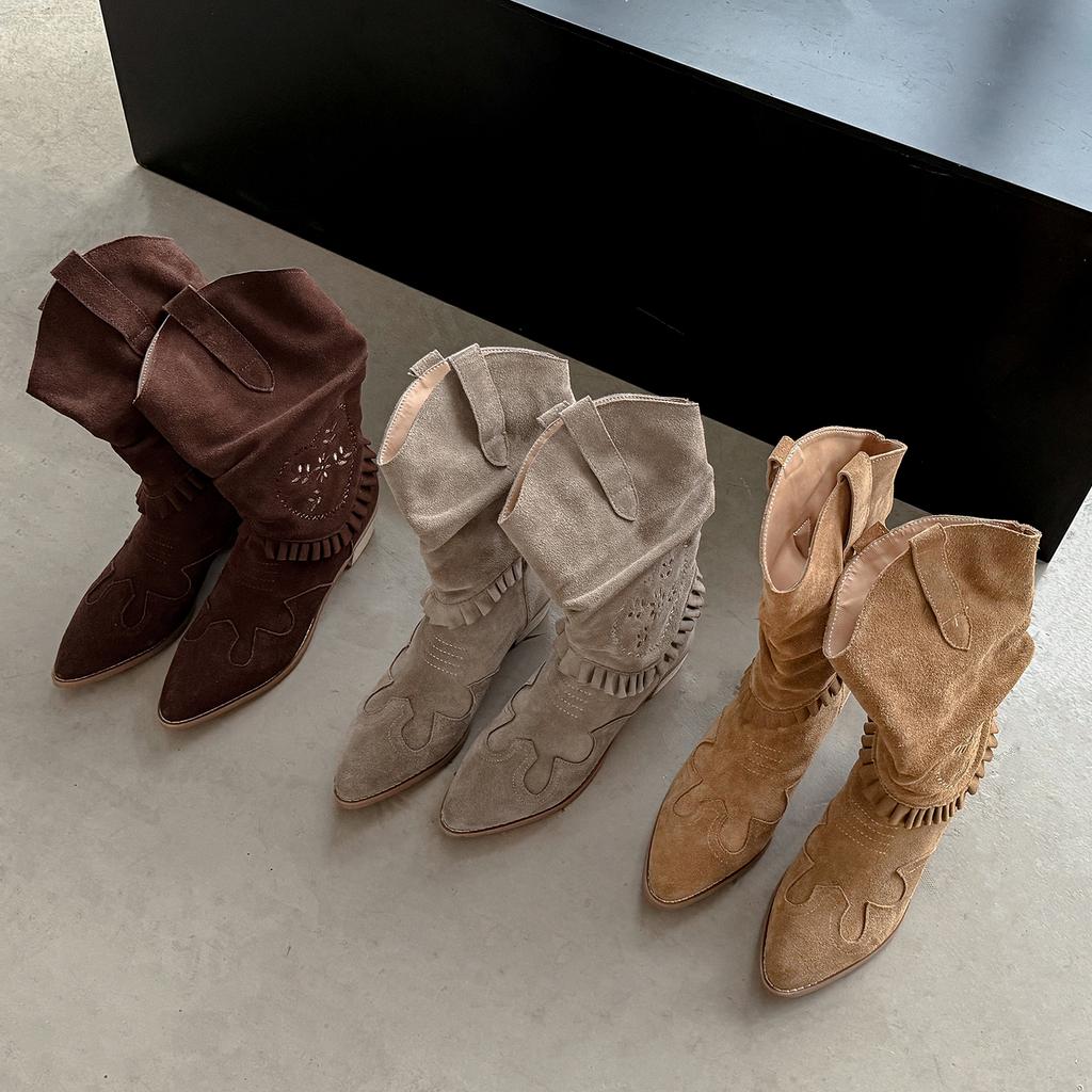 Fashion 2025 new Autumn Western Boots Cow Suede Leather Women Shoes Pointed Toe Chunky Heel Women Boots Mid-calf Chelsea Boots Retro