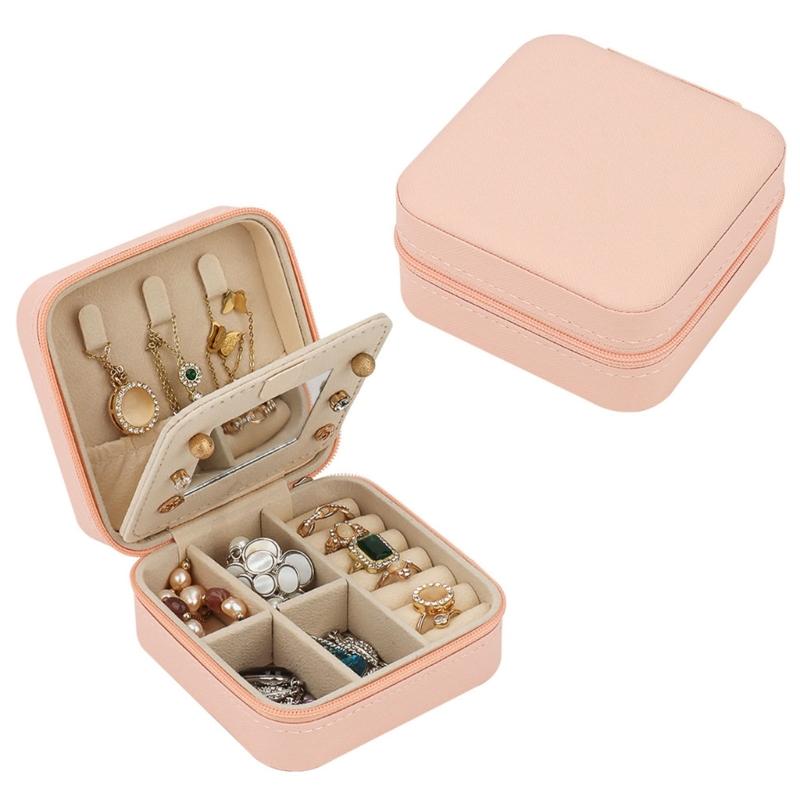 Jewelry Storage Box with Mirror, Compact Travel Case with Ring Rolls, Necklace Hooks and Zip-Around Closure Design