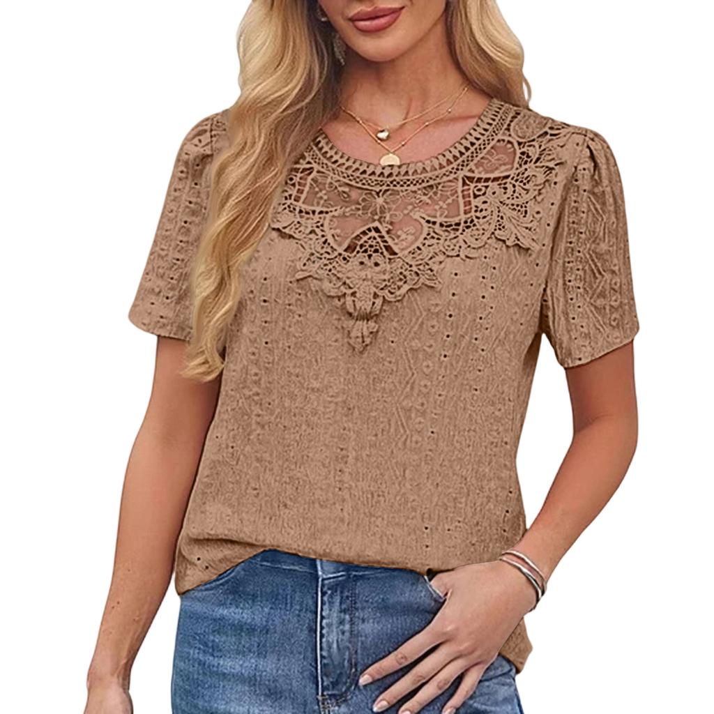 Women's Fashion Color Lace Splicing Casual Hollowed Out T,shirt