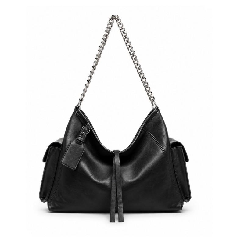 Vintage Chain Detail Moto Shoulder Bag Women Large Capacity Crossbody Soft PU Leather Streetwear Style