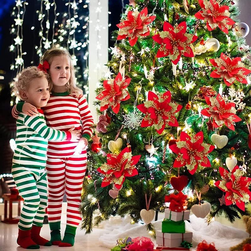 10/50pcs Artificial Glitter Christmas Flowers for Xmas Tree Ornament Fake Flower Floral New Year Party Home Decoratio