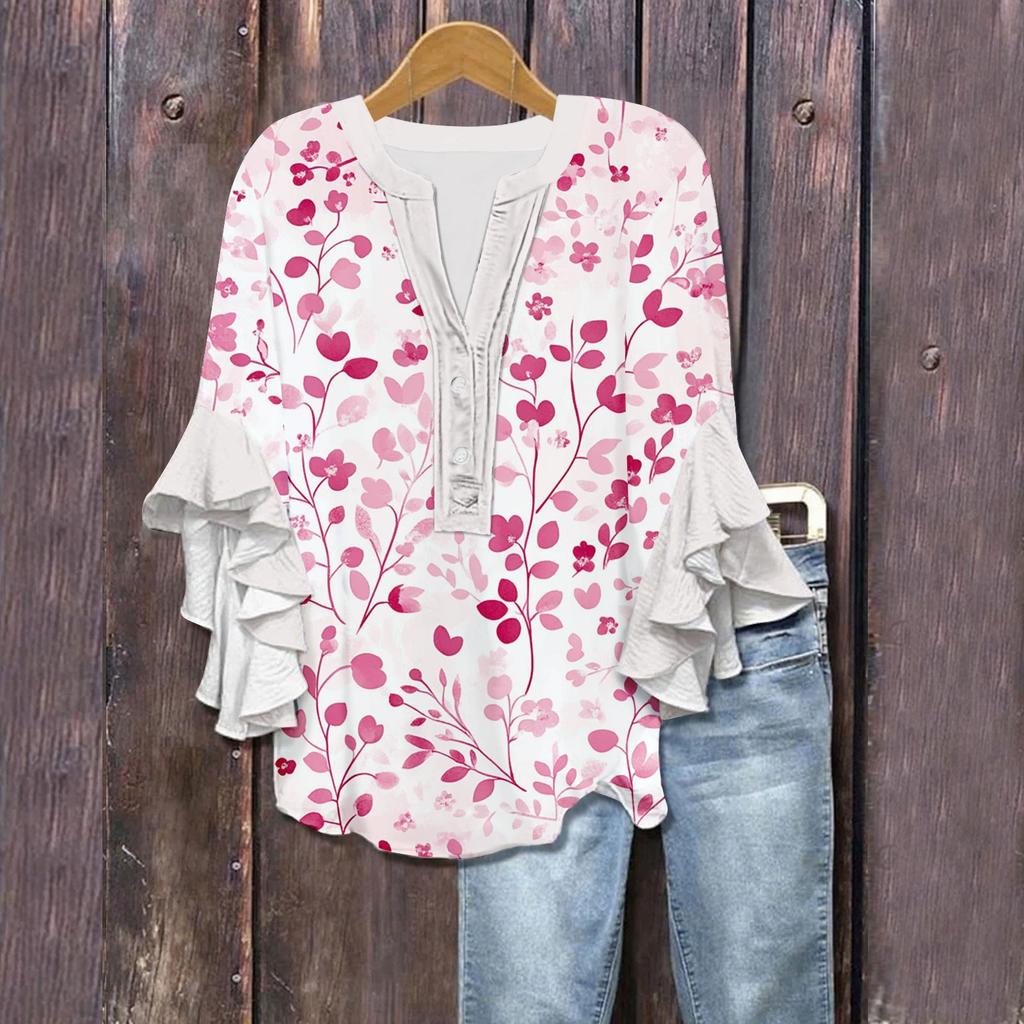 Women's Summer Tops V Neck Three-quarter Sleeves Floral Print Flowing Ruffle Sleeves Half-button Shirt