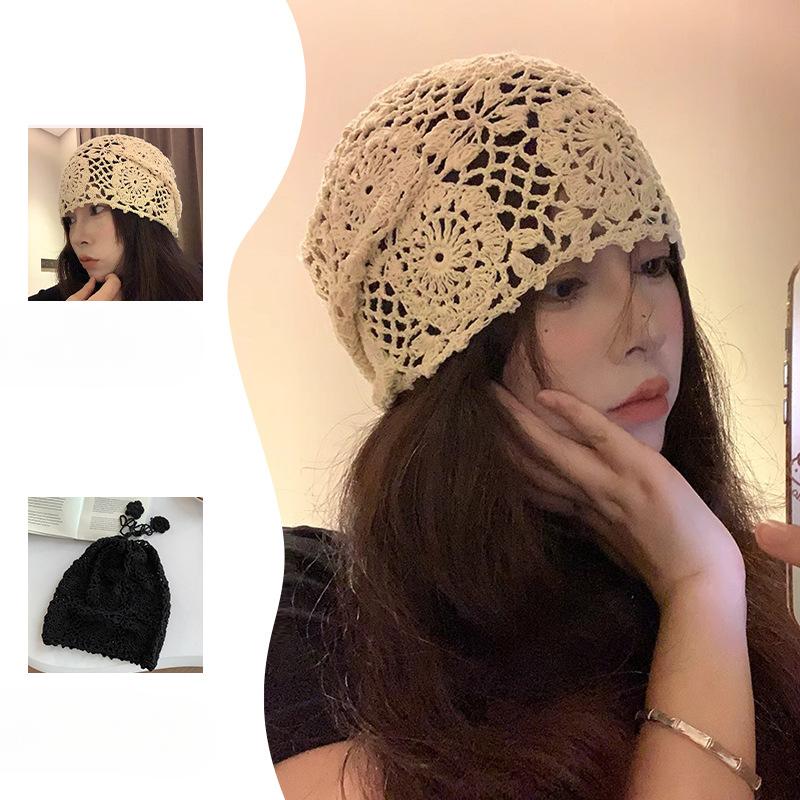 Retro Versatile Hook Flower Hat Japanese Hand-knitted Hollow Head Hat Women's Face Small Flowers Knitted Pile Hat