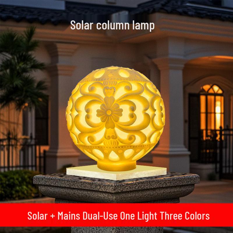 Carved Resin Solar Pillar and Fence Light for Garden or Courtyard