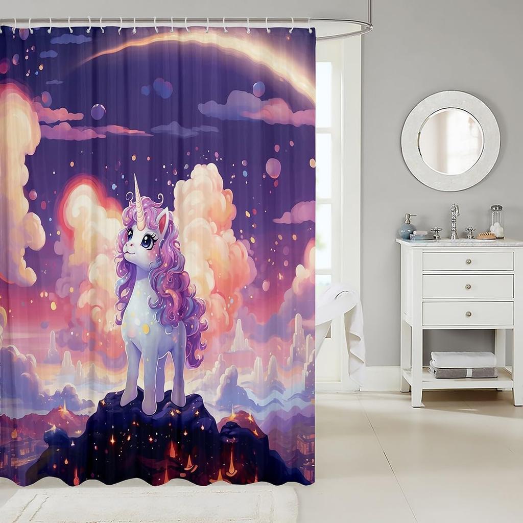 Sött Enhörning Duschdraperi Set Flickor Barn Pojkar Lila Enhörning Badrumsgardiner Kawaii Rumsinredning, Regnbåge Vattentätt Badrum