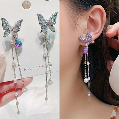 Pendientes Largos de Cadena de Perlas Morados y Plateados con Mariposas Colgantes Brillantes