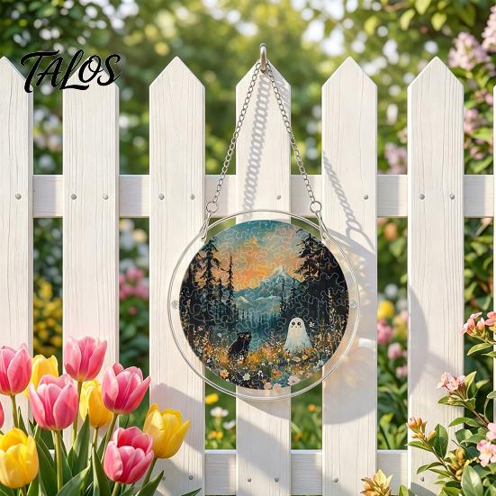 Elegant Halloween Glass Effect Ornament Acrylic Suncatcher Jigsaw Puzzle Set, Spooky Ghost Floral Meadow Window Hanging with Metal Sturdy Frame Decor