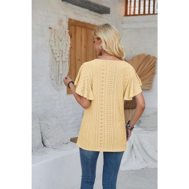 New Fashion Women's Lace V-neck Loose T-shirt Solid Color Ruffled Sleeves Spring Summer