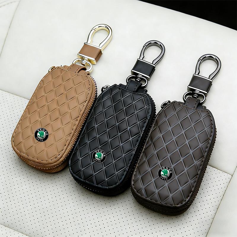 Genuine Leather Car Key Cover Storage Bag for Skoda RS Rapid Yeti Karoq Vision Octavia Kodiaq Kamiq Fabia Car Accessories Tools hkpx25