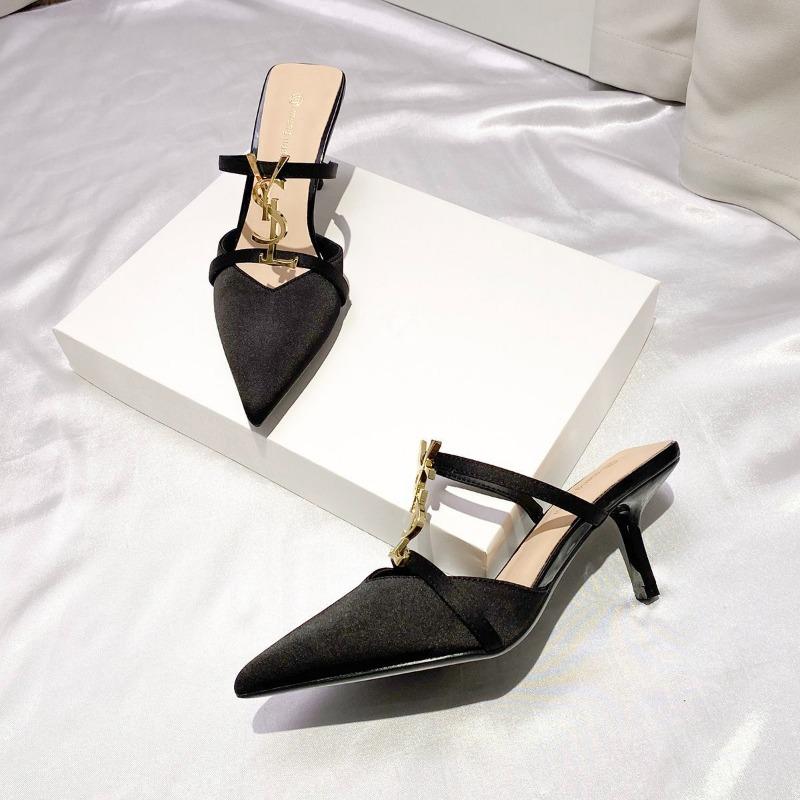 Patent Leather Metal Letter Bag Head Half Slippers Women Wear High Heels Summer New Thin Heels Pointed Fashion Vs