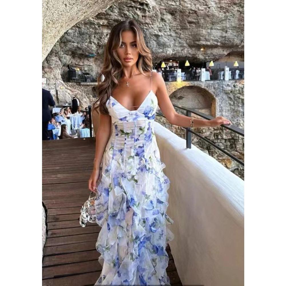 

Off-the-shoulder European and American Women s Clothing Fashion Chiffon Printing Fairy Long Temperament Evening Dress Dress S