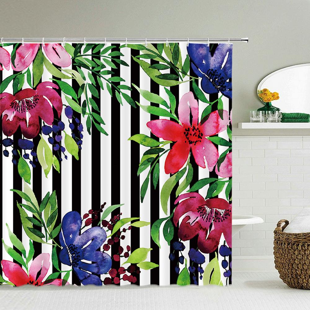 Black White Stripes Flowers Butterfly Pattern Shower Curtain 3D Bath Screen Waterproof Fabric Bathroom Decor Shower Curtains