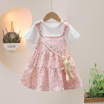 Kids Summer Thin Dress 2023 Children Clothes Little Girl Casual Tshirt Spliced Fake Two Piece Strap Floral Dresses
