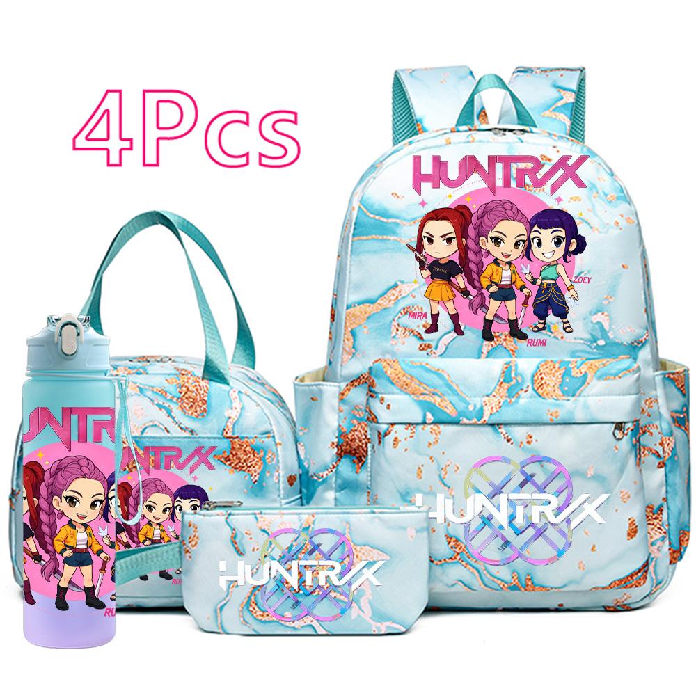 

4Pcs/set Cartoon K-Pop Printed Large Capacity Backpack Handbag Pencil Case with 750Ml Water Bottler for Teenager Boy Girl Schoolbag Bookbag Kid Gift