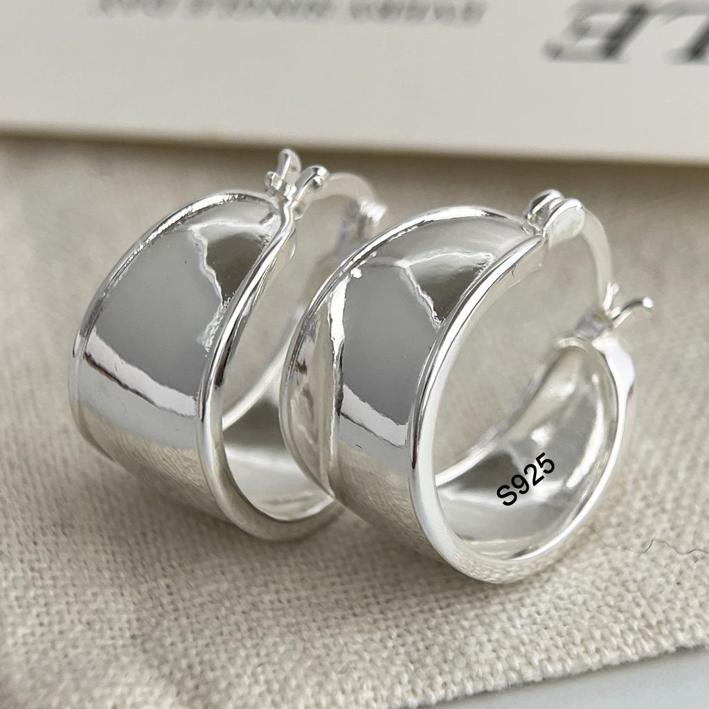 925 Silver Vintage Earrings For Women Trendy Wide Smooth Earring Jewelry Prevent Allergy Party Accessories Gift
