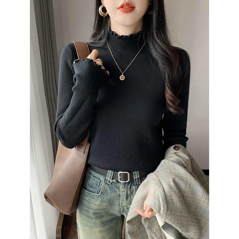 Semi-turtleneck fungus edge integrated fleece thickened knitted sweater women's autumn and winter simple inner bottoming shirt top