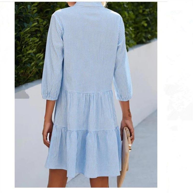 Women's Dress Spring and Autumn Plaid Stand-up Collar Shirt Dresses