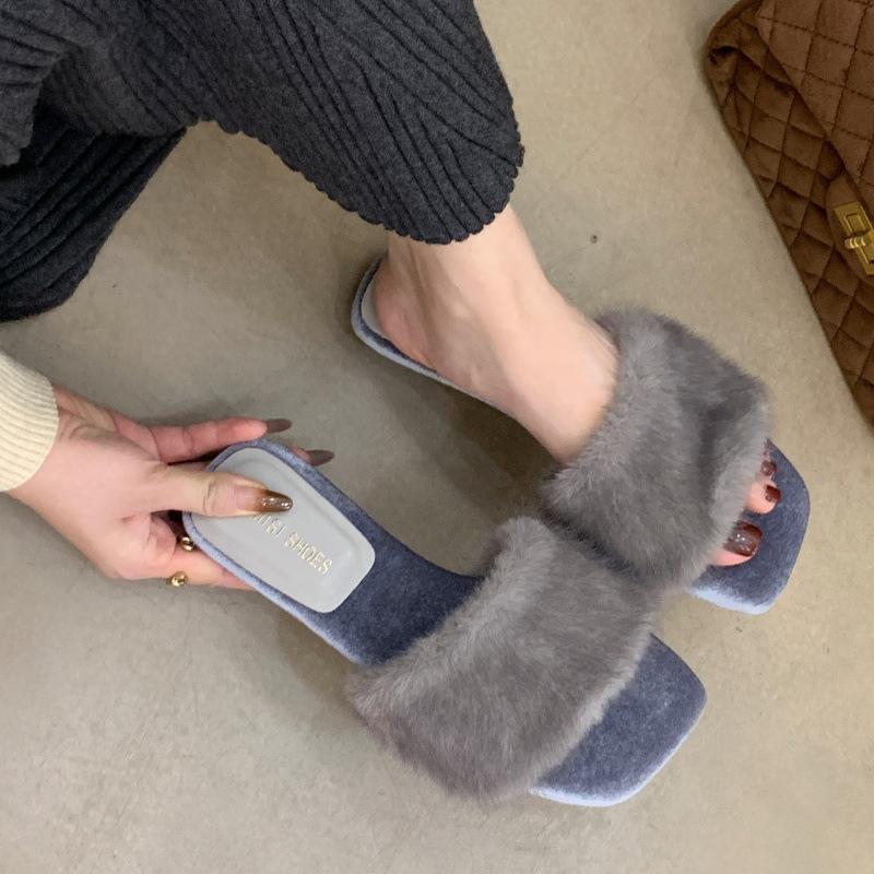 New Retro Leopard Print Square Head High Heel Fluffy Slippers Women's Wear 2025 Autumn Temperament Slope Heel Lazy Word Drag