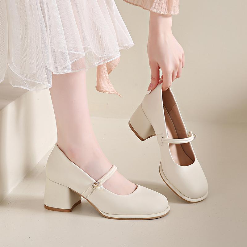 Mary Jane Women's Shoes 2025 New Mid Heel Fashionable Versatile French Style Chunky High Heel Single Shoes Gentle with Skirts