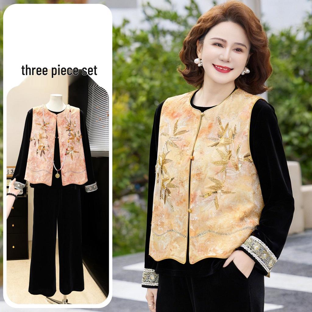 2026 Fashionable Spring Vest Suit: Age-Reducing Three-Piece Set for Middle-Aged and Elderly Women in New Chinese Style.