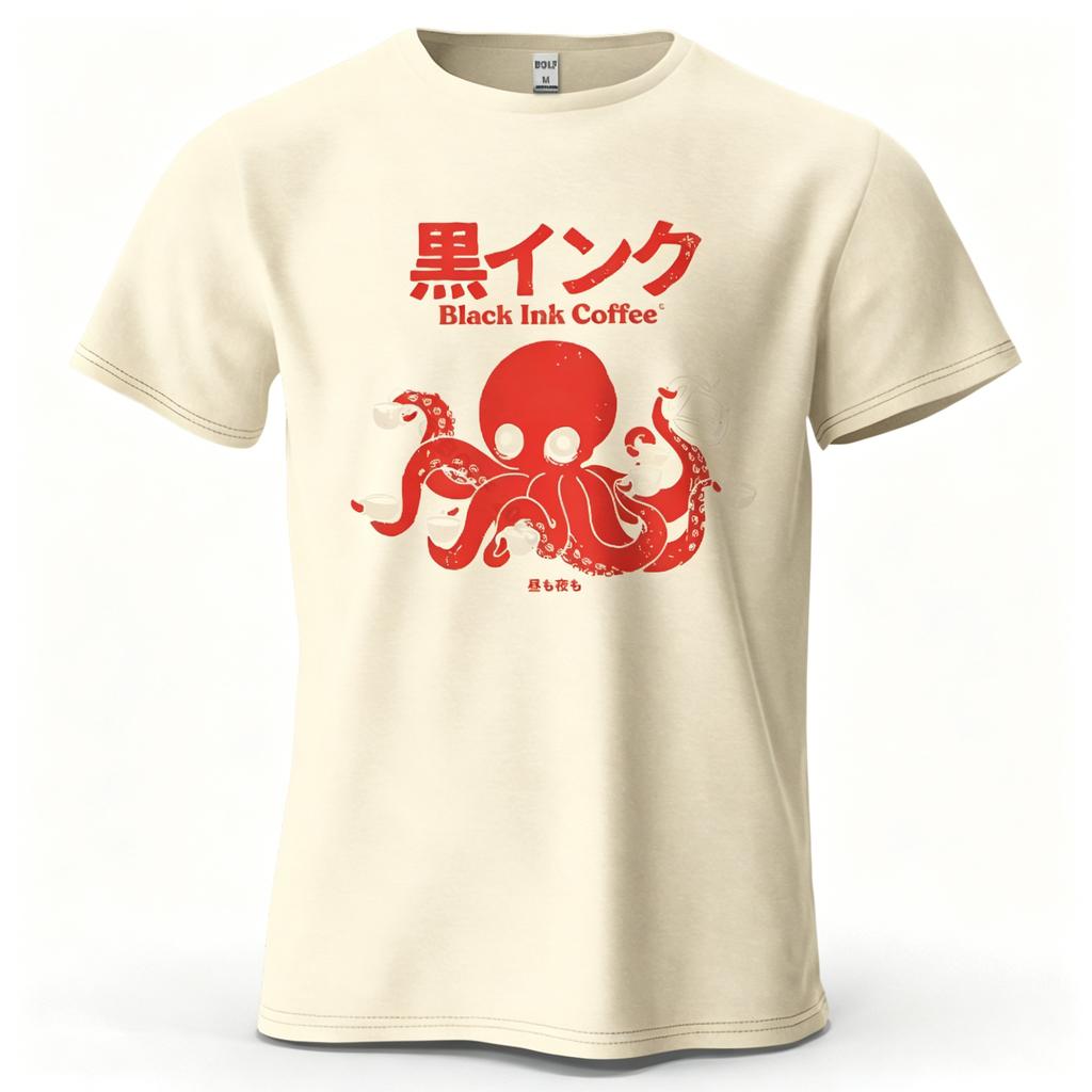 Unisex Octopus Coffee Black Ink Coffee Japanese Text Graphic Tshirt Casual Crew Neck Short Sleeve Loose Cotton Streetwear
