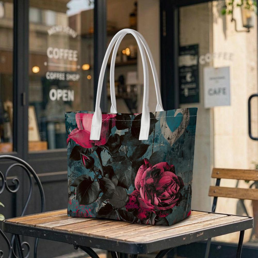 Vintage Rose Print Tote Bag Stylish Daily Carry Handbag for Women Casual Versatile Shoulder Bag