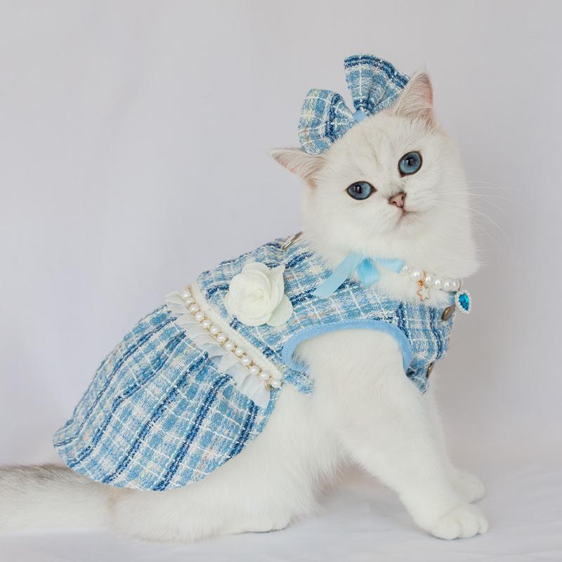 Cute Cat Skirt Necklace Hair Accessory Set High Quality Pearl Plaid Jacket Soft Texture Kitten Dress for Party Shooting Clothes