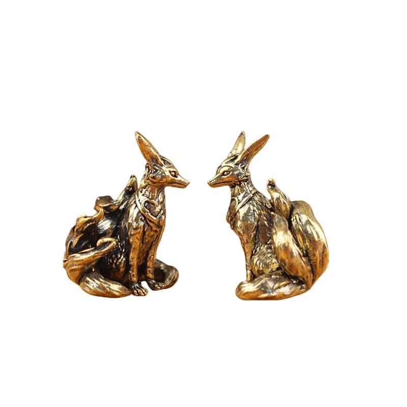 1Pcs Nine Tailed Fox Miniature Figurines Desk Ornament Brass Mythical Fox Statue Mini Copper Animal Sculpture Home Decor Crafts