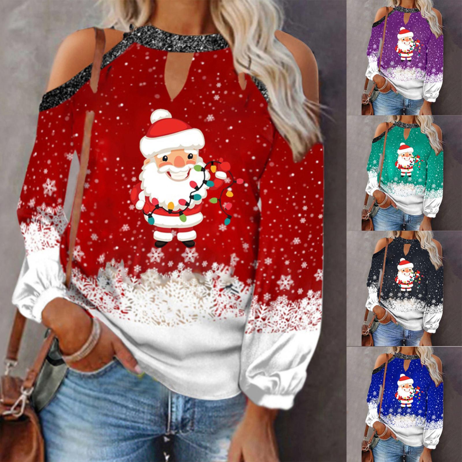 

Женская свободная модная рождественская футболка со снежинкой Санта-Клаусом и портативным принтом, сексуальная футболка без бретелек с длинным рукавом и висячим воротником