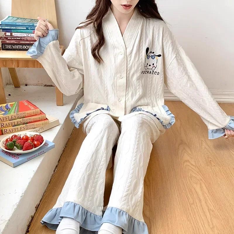 

Autumn Cotton Long-sleeved Pants Two-piece Set Women s Pajamas Home Wear Silk Pajamas Women s Pajamas Pants Set M