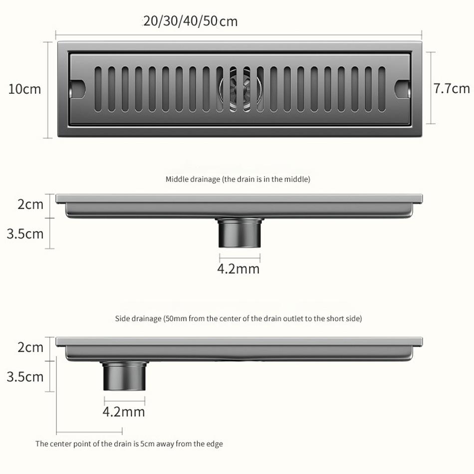 Grey Shower Floor Drain for Bathroom Balcony 304 Stainless Steel Long Linear Rapid Drainage Side Floor Drains 20 30 40 50 CM