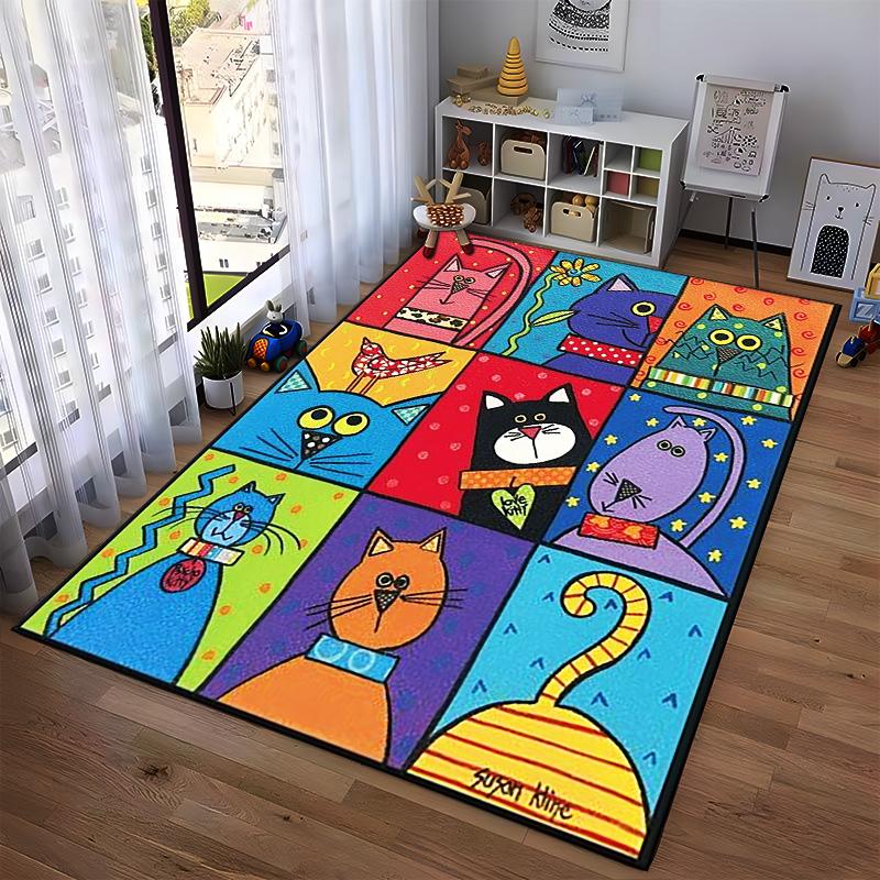 Colorful Artistic Carpet Featuring Whimsical Cats In Vibrant Abstract Patterns Suitable for Use As an Anti-slip for Room and Bedroom Sofas