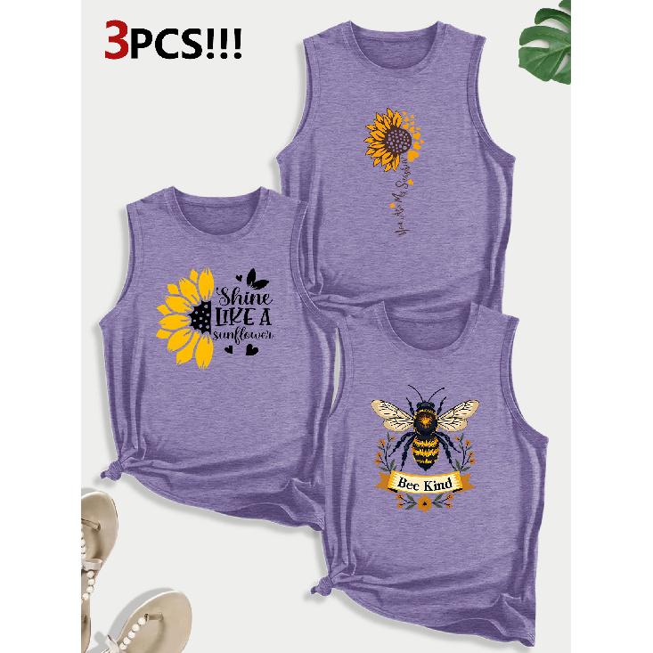Sunflower and Bee Combination Gift Print Pattern Round Neck3Pack of Sleeveless Vests for Women In Spring, Summer, and Autumn