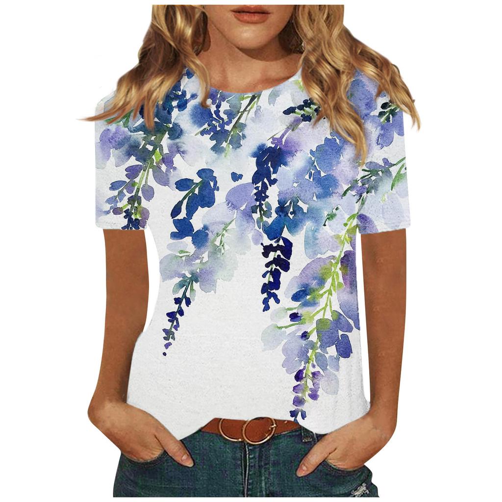 Damen-T-Shirt, Sommermode, lässig, bedruckt, kurzärmelig, mit Knöpfen, Rundhalsausschnitt, elegant, locker, quadratischer Ausschnitt, Oberteil mit Seitenschlitz
