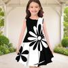 Girls Round Neck Sleeveless Black White Swirl Printed A Line Flared Hem Dress