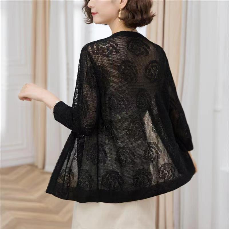 Middle Aged and Elderly Women's Long Knitted Cardigan with Summer Hollow Out Thin Design Paired with A Shawl and Air Conditioning Shirt