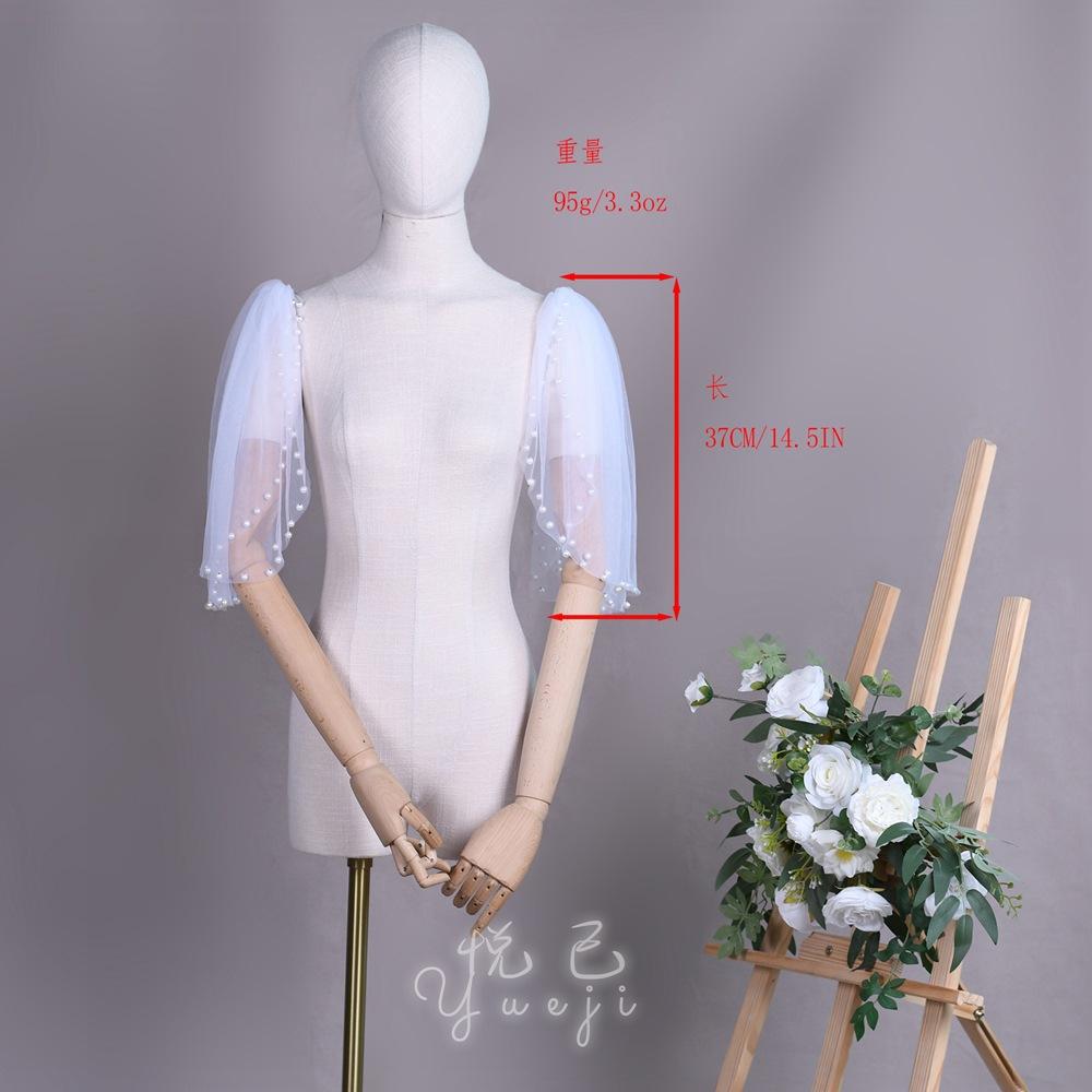 Detachable Glitter Tulle Puff Short Sleeve Cuffs, Mixed Size Pearl Beaded Sheer Arm Covers for Wedding Bridal Evening Dress