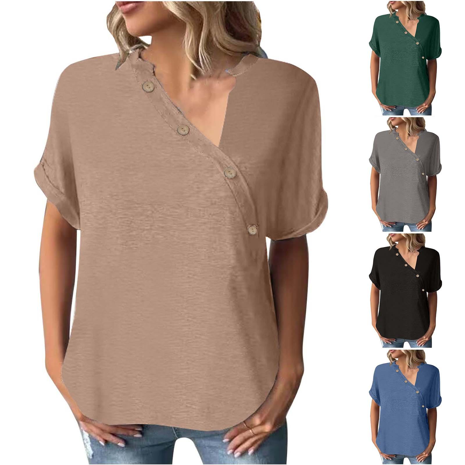 

Жіноча літня вільна повсякденна однотонна сорочка з короткими рукавами та V-подібним вирізом на ґудзиках XXL чорний