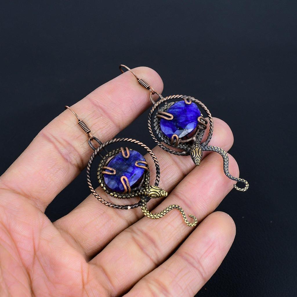Blue Sapphire Earrings, Handmade Gemstone Earrings, 999 Copper Wire Wrapped Earrings Antique Jewelry, For Engagement Gift