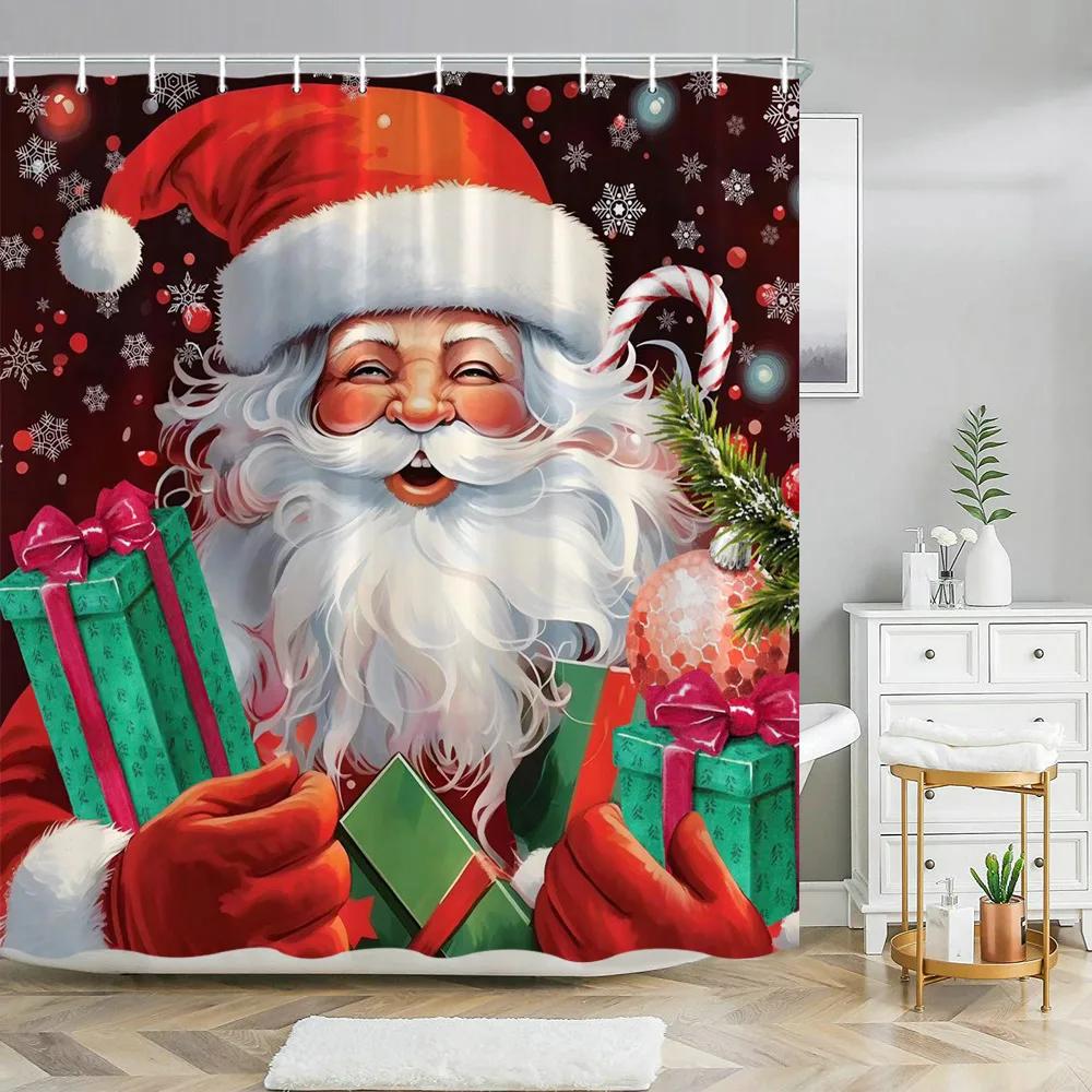 Red Christmas Shower Curtain Xmas Tree Print Bath Home Decor Winter Holiday New Year Bathroom Curtains Hooks Made Of Polyester Washable Washroom Ready