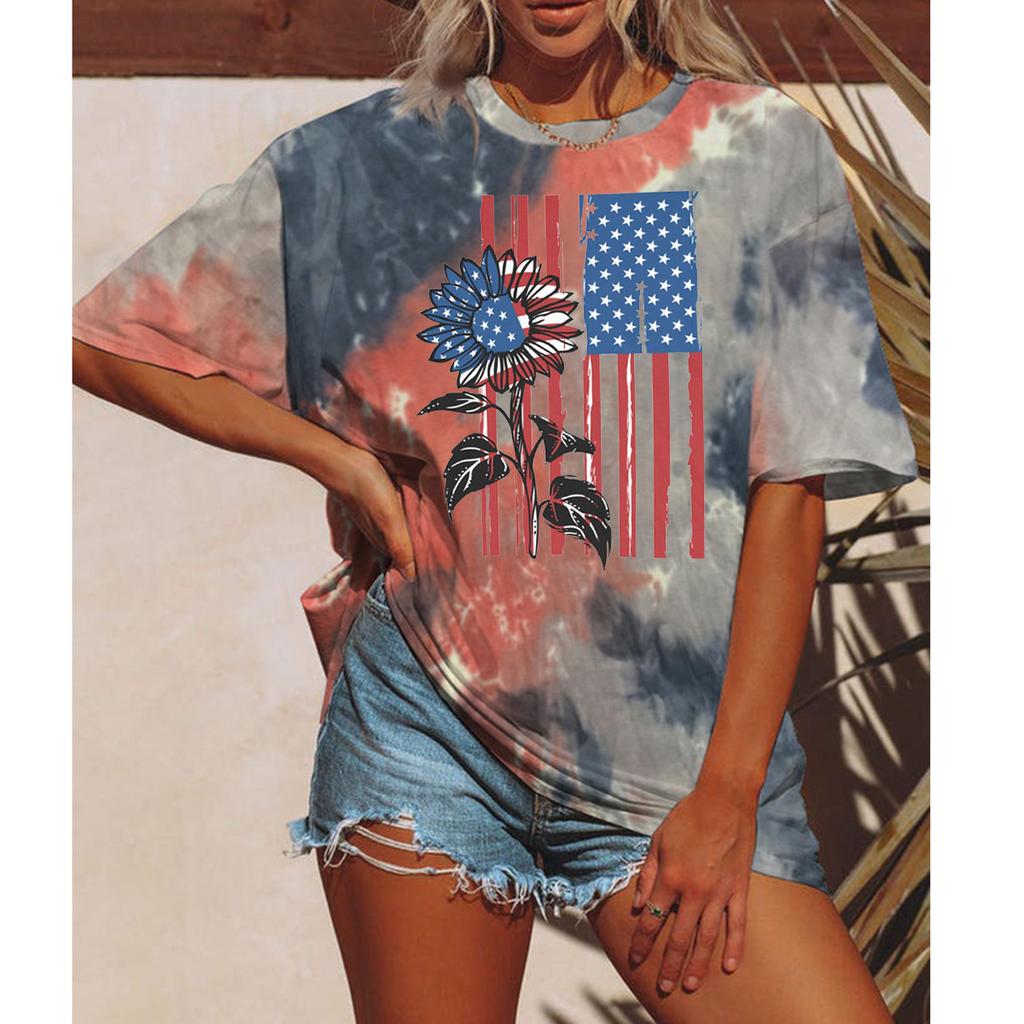 Summer Women Tie Dyeing Floral T-shirt Fashion American Flag Tops Tees Female Vintage Short Sleeve Clothing Stylish Streetwear