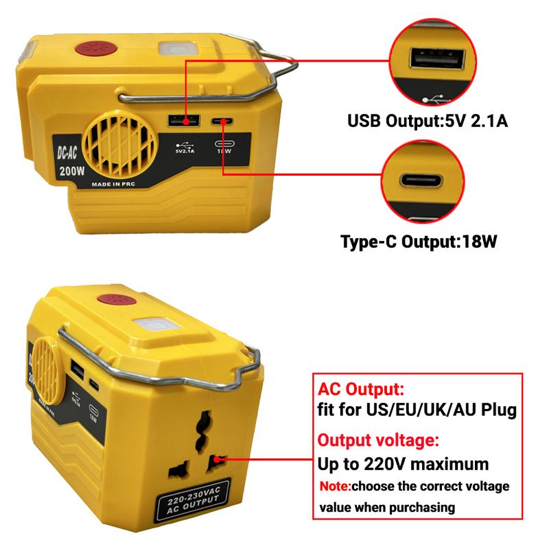 200W Power Inverter For Makita/Dewalt/Milwaukee/Bosch 18V To AC 120/220V Battery Inverter with USB And Type-C ,LED Light